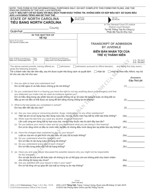 Form AOC-J-410 Transcript of Admission by Juvenile - North Carolina (English/Vietnamese)