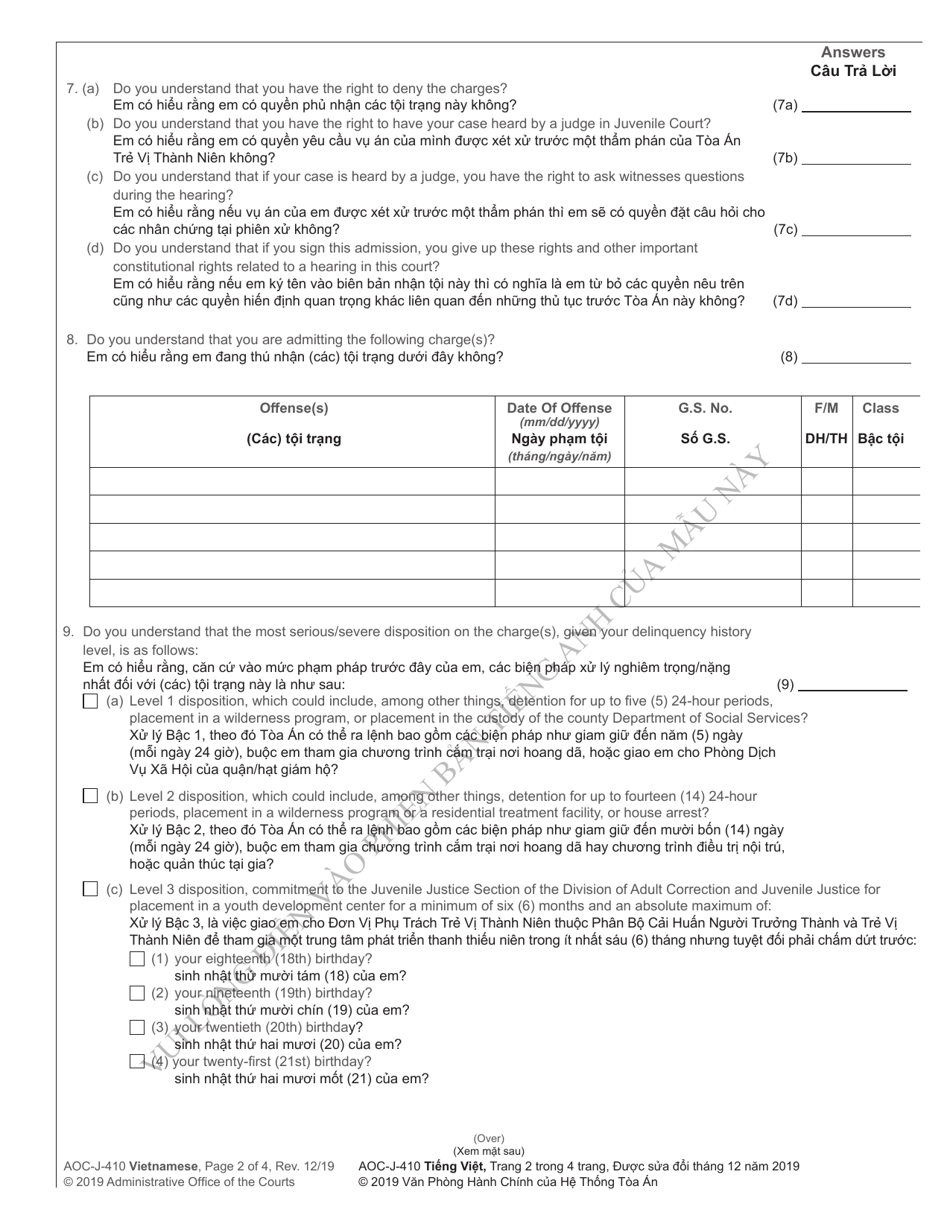 Form AOC-J-410 Transcript of Admission by Juvenile - North Carolina (English / Vietnamese), Page 2