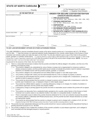 Document preview: Form AOC-J-440 Order for Secure Custody/Detention (Undisciplined/Delinquent) - North Carolina
