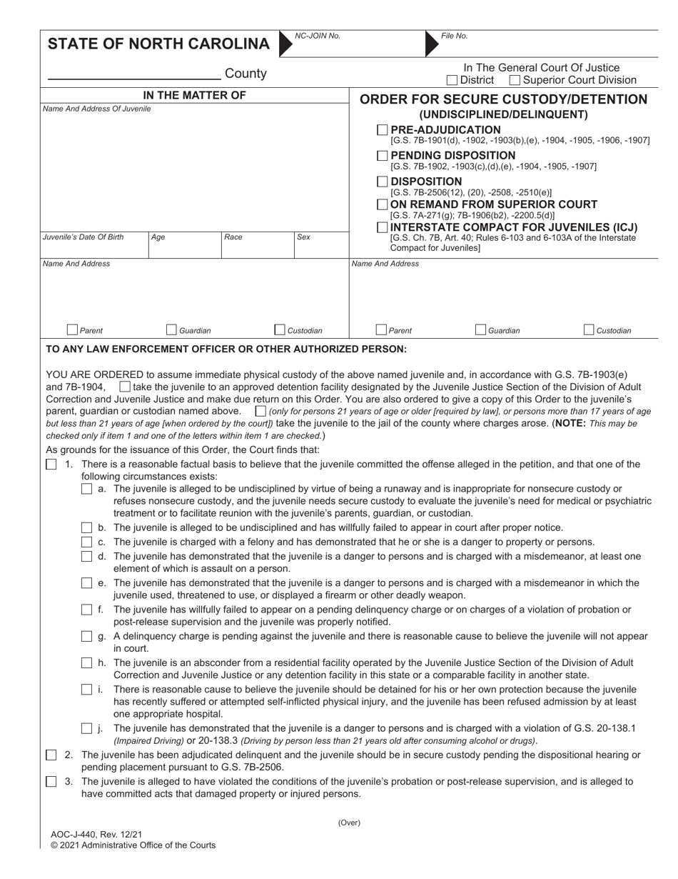 Form AOC-J-440 Order for Secure Custody / Detention (Undisciplined / Delinquent) - North Carolina, Page 1