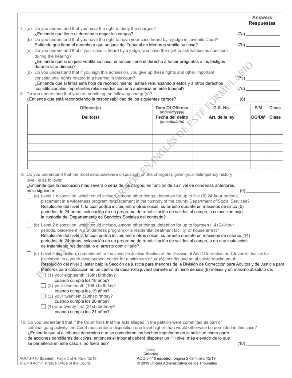 Form AOC-J-410 Transcript of Admission by Juvenile - North Carolina (English / Spanish), Page 2