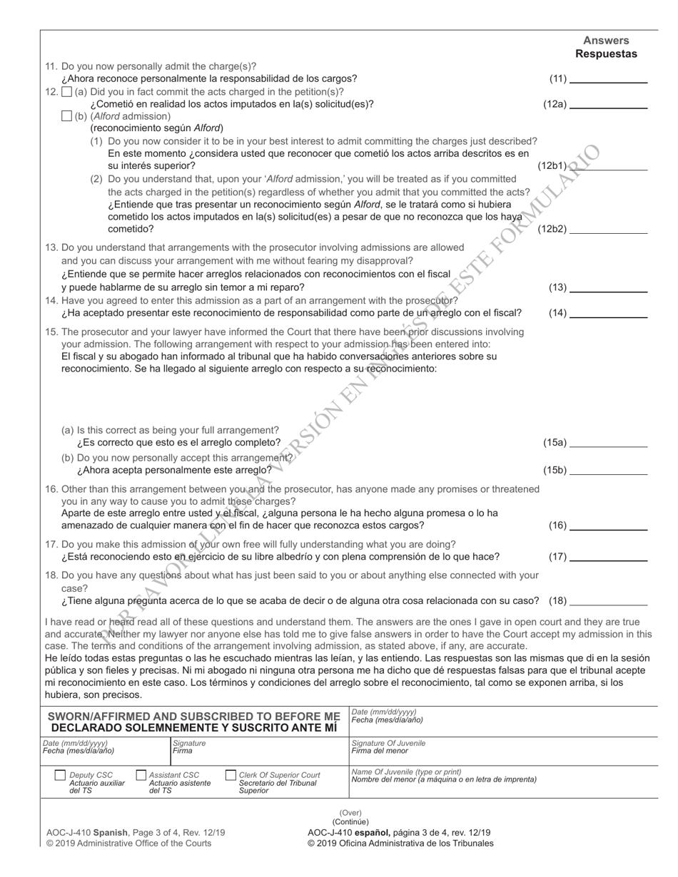 Form AOC-J-410 Transcript of Admission by Juvenile - North Carolina (English / Spanish), Page 3