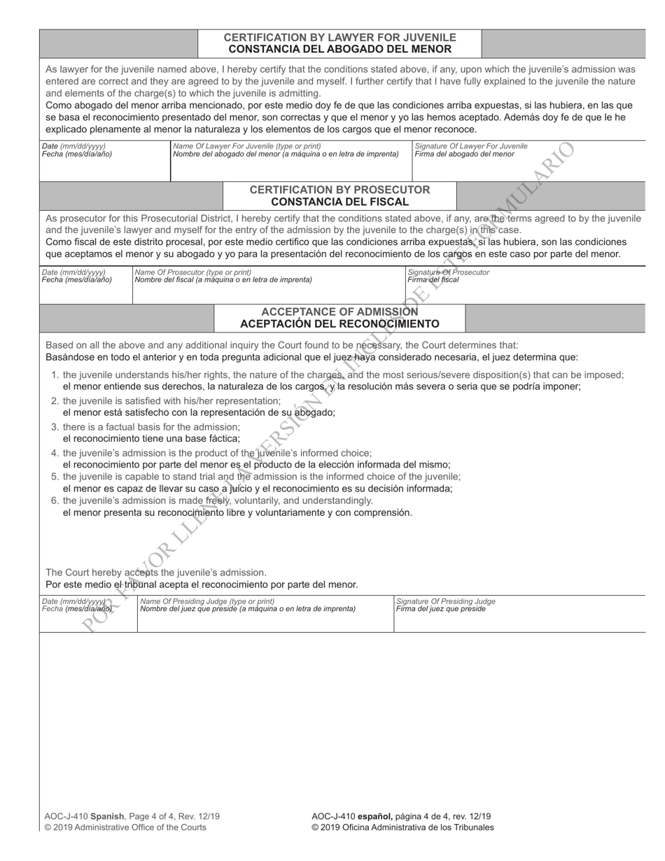 Form AOC-J-410 Transcript of Admission by Juvenile - North Carolina (English / Spanish), Page 4