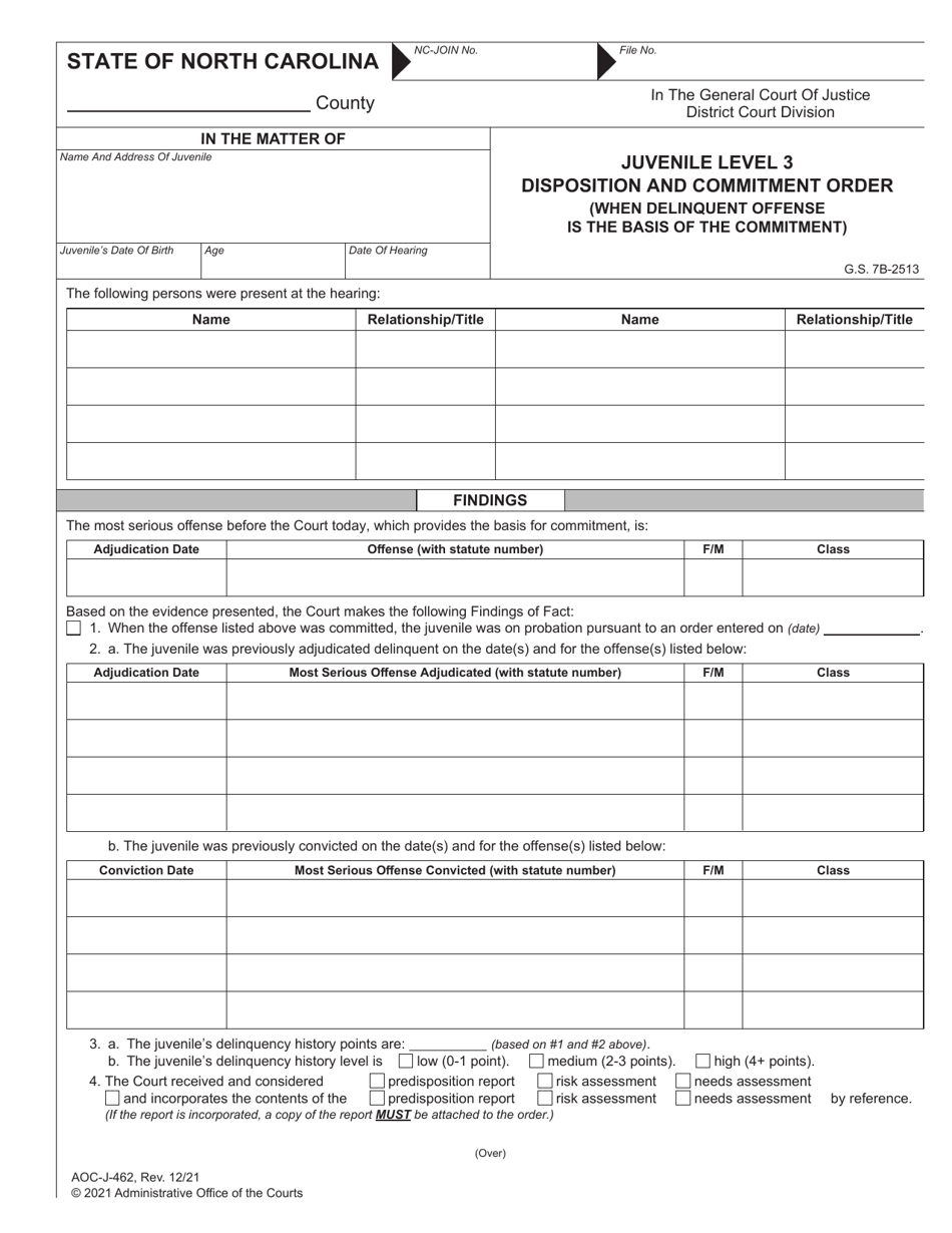 Form AOC-J-462 Juvenile Level 3 Disposition and Commitment Order (When Delinquent Offense Is the Basis of the Commitment) - North Carolina, Page 1