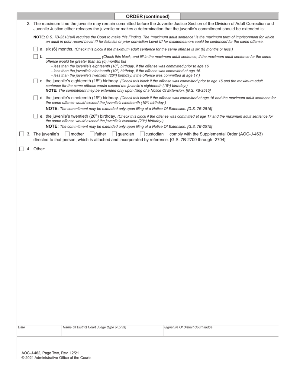 Form AOC-J-462 Juvenile Level 3 Disposition and Commitment Order (When Delinquent Offense Is the Basis of the Commitment) - North Carolina, Page 3