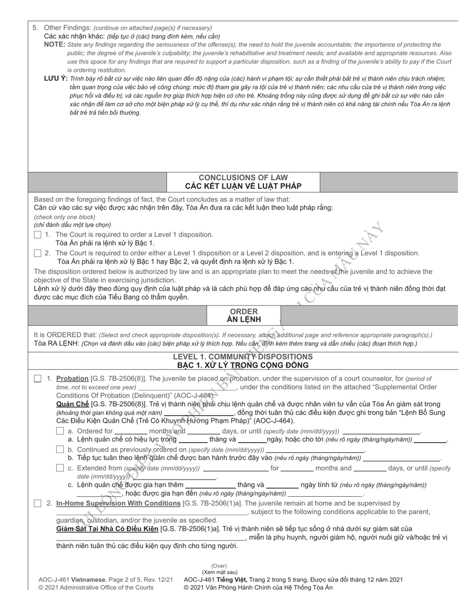 Form AOC-J-461 Juvenile Level 1 Disposition Order (Delinquent) - North Carolina (English / Vietnamese), Page 2