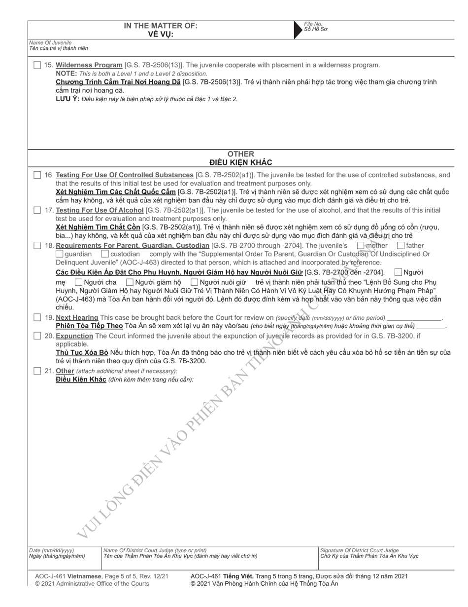 Form AOC-J-461 Juvenile Level 1 Disposition Order (Delinquent) - North Carolina (English / Vietnamese), Page 5