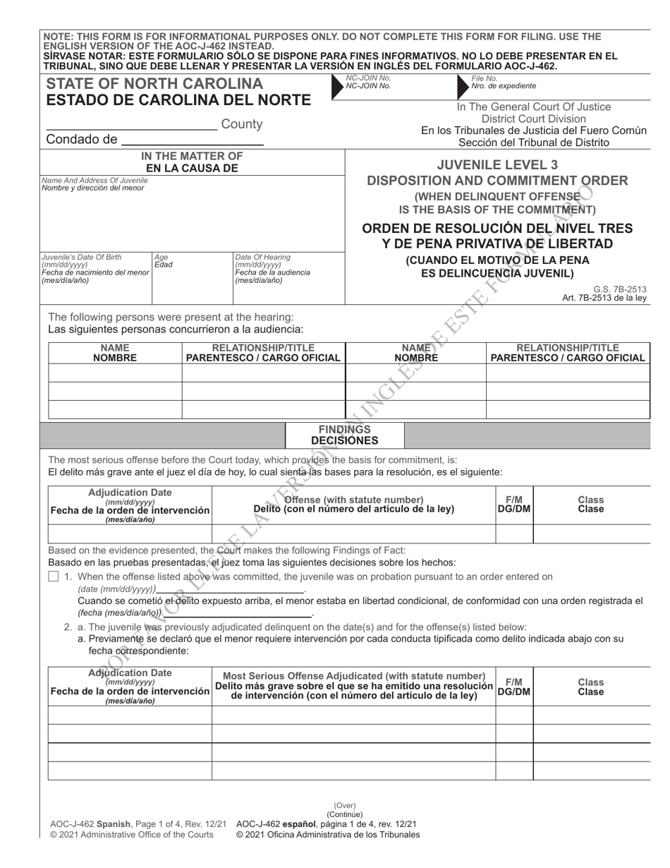 Form AOC-J-462 Juvenile Level 3 Disposition and Commitment Order (When Delinquent Offense Is the Basis of the Commitment) - North Carolina (English / Spanish), Page 1
