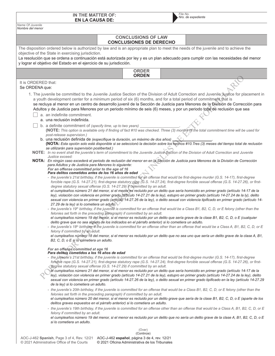 Form AOC-J-462 Juvenile Level 3 Disposition and Commitment Order (When Delinquent Offense Is the Basis of the Commitment) - North Carolina (English / Spanish), Page 3