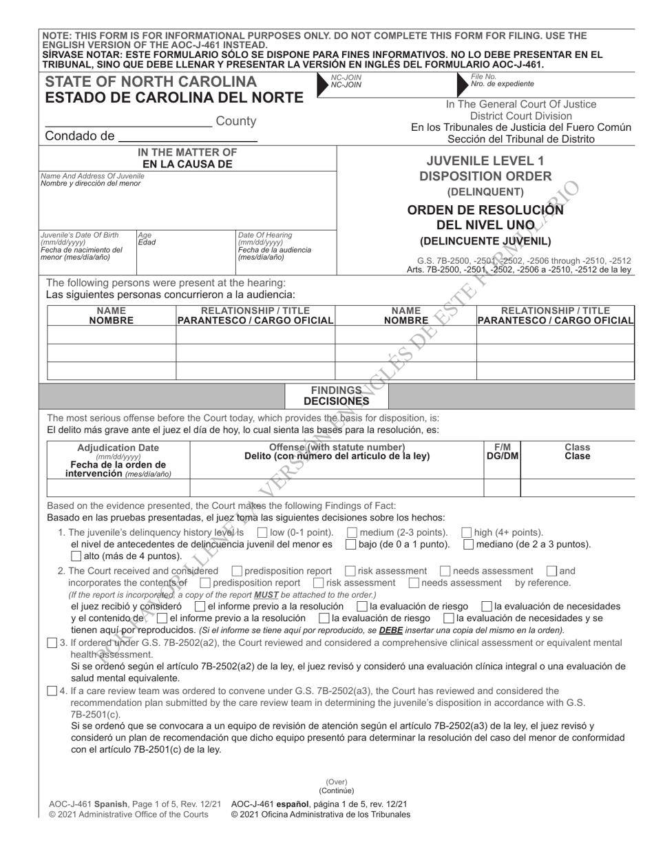 Form AOC-J-461 Juvenile Level 1 Disposition Order (Delinquent) - North Carolina (English / Spanish), Page 1