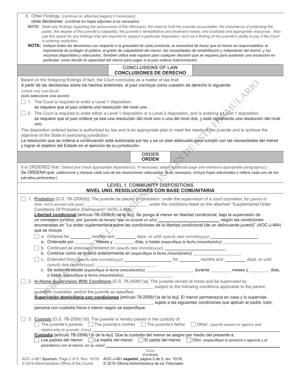 Form AOC-J-461 Juvenile Level 1 Disposition Order (Delinquent) - North Carolina (English / Spanish), Page 2