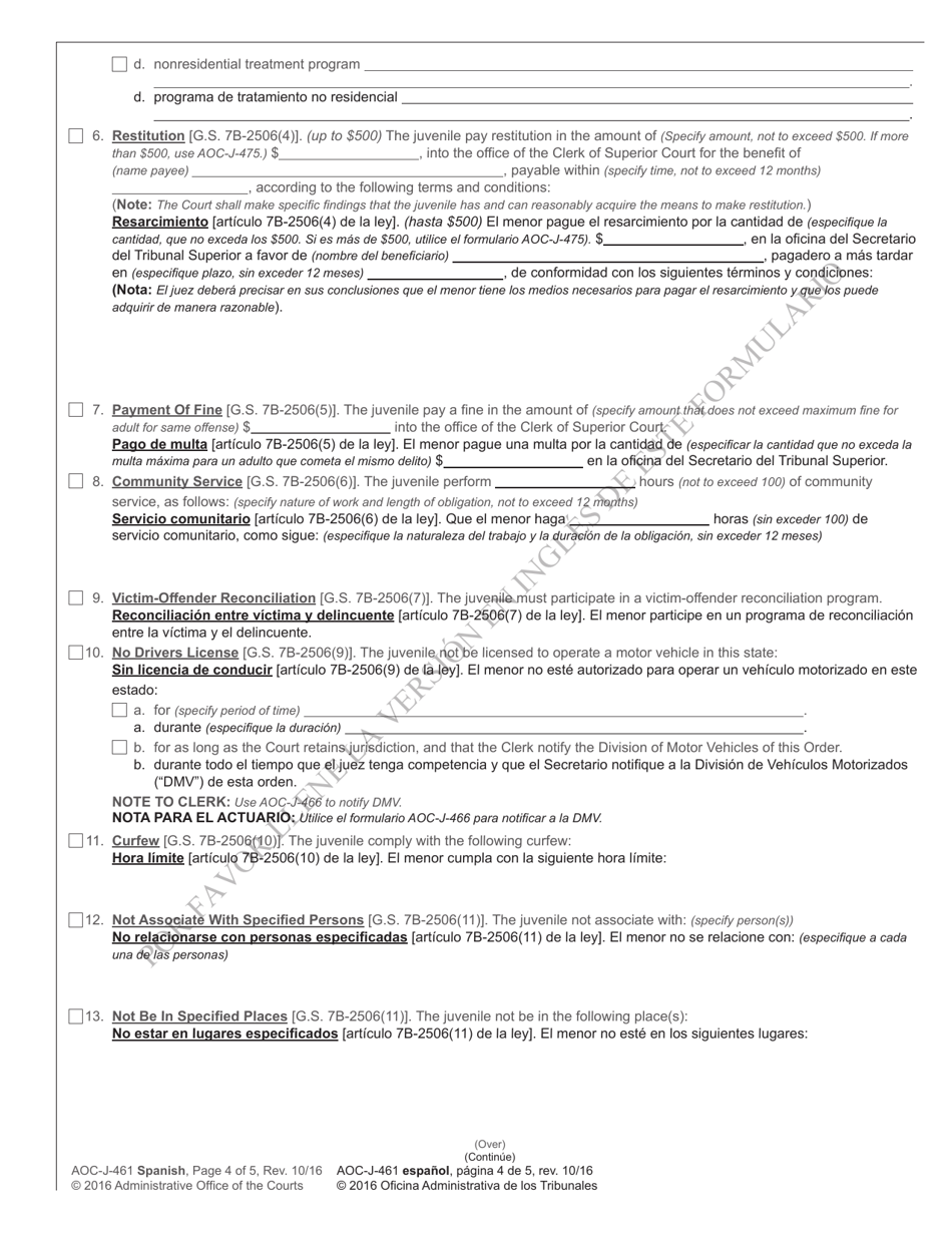 Form AOC-J-461 Juvenile Level 1 Disposition Order (Delinquent) - North Carolina (English / Spanish), Page 4