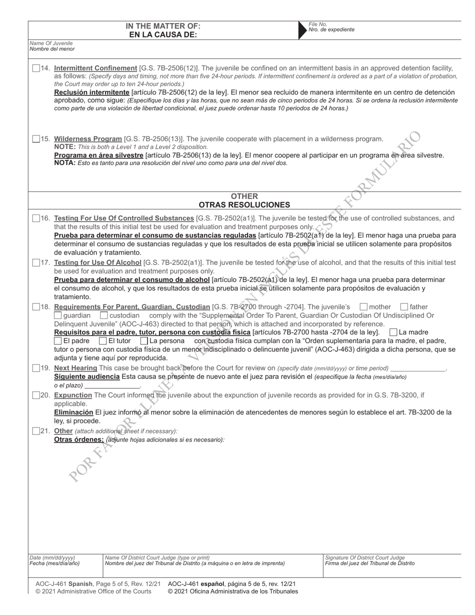 Form AOC-J-461 Juvenile Level 1 Disposition Order (Delinquent) - North Carolina (English / Spanish), Page 5