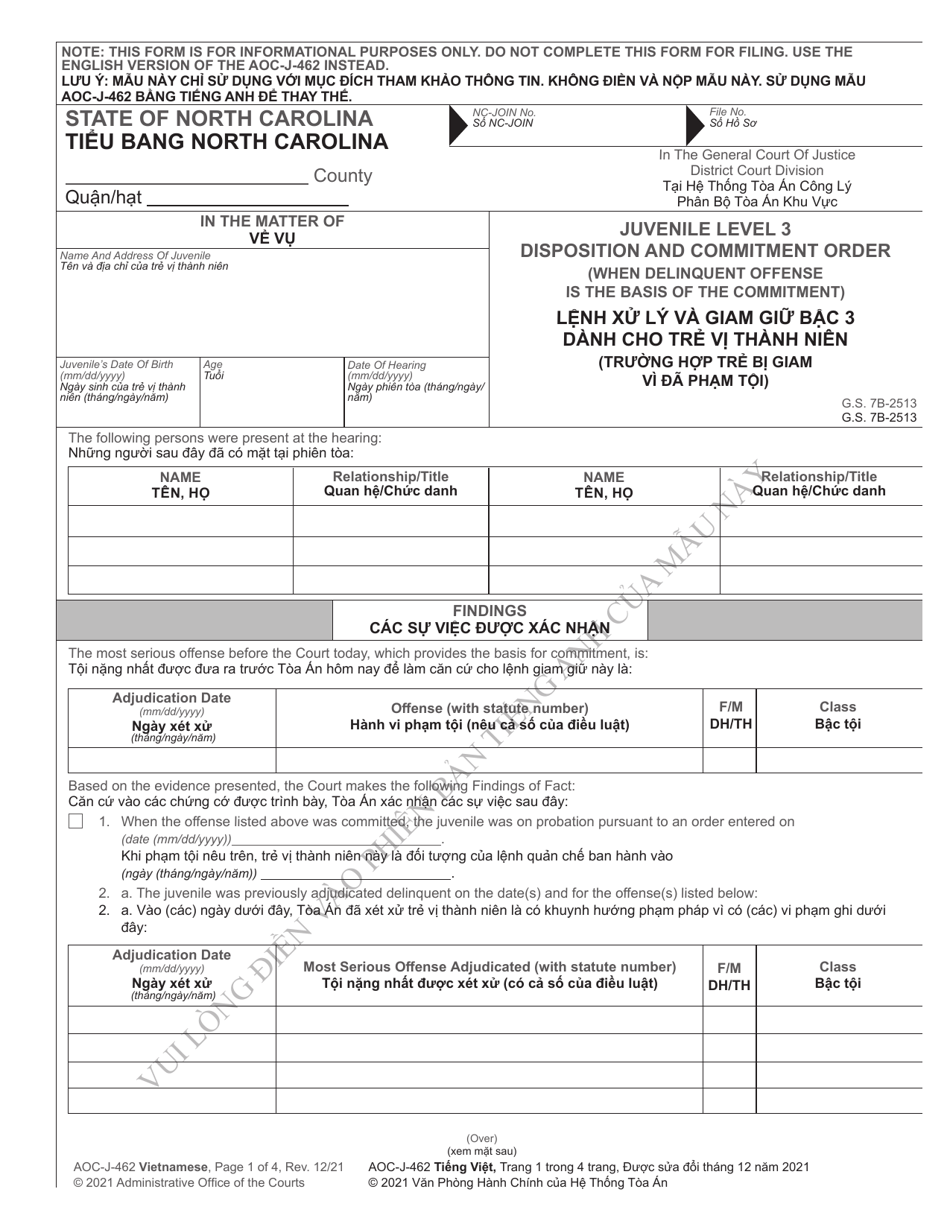 Form AOC-J-462 Juvenile Level 3 Disposition and Commitment Order - North Carolina (English / Vietnamese), Page 1