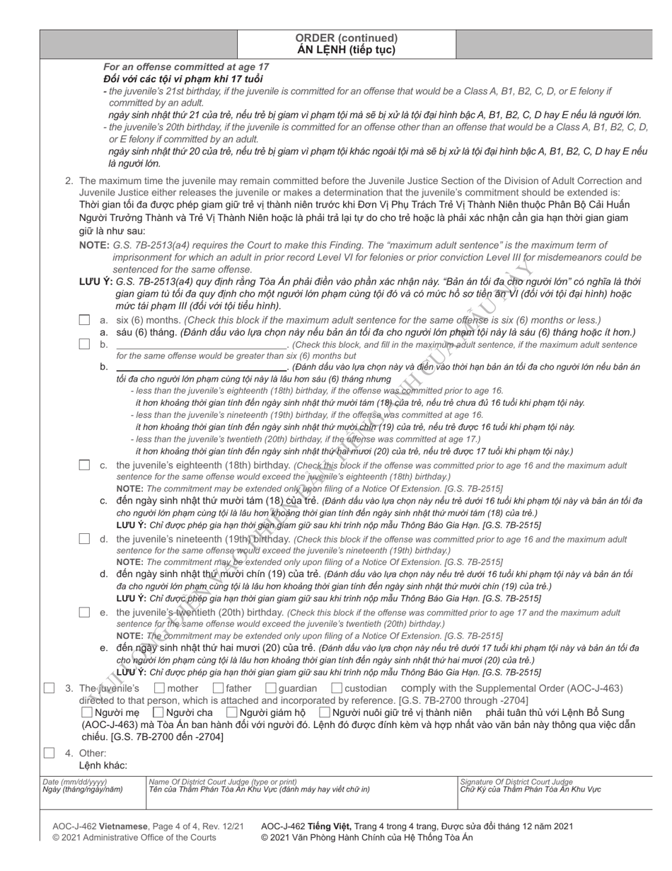 Form AOC-J-462 Juvenile Level 3 Disposition and Commitment Order - North Carolina (English / Vietnamese), Page 4