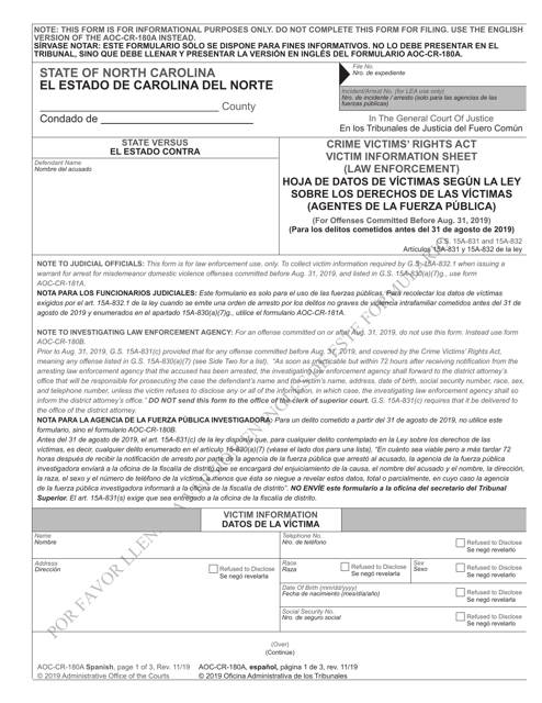 Form AOC-CR-180A Crime Victims' Rights Act Victim Information Sheet (Law Enforcement) (For Offenses Committed Before Aug. 31, 2019) - North Carolina (English/Spanish)