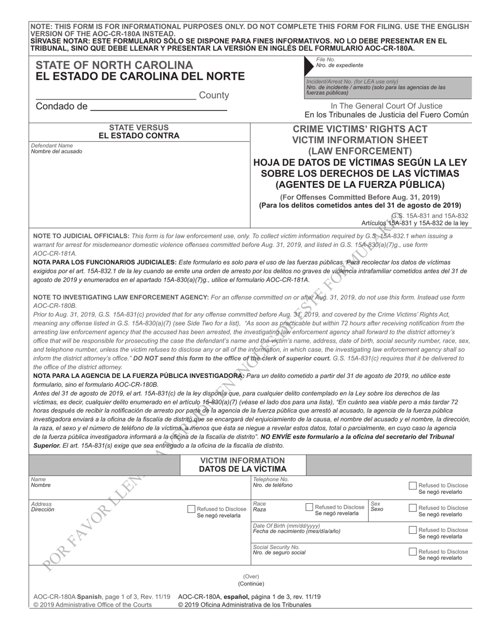 Form AOC-CR-180A Crime Victims Rights Act Victim Information Sheet (Law Enforcement) (For Offenses Committed Before Aug. 31, 2019) - North Carolina (English / Spanish), Page 1