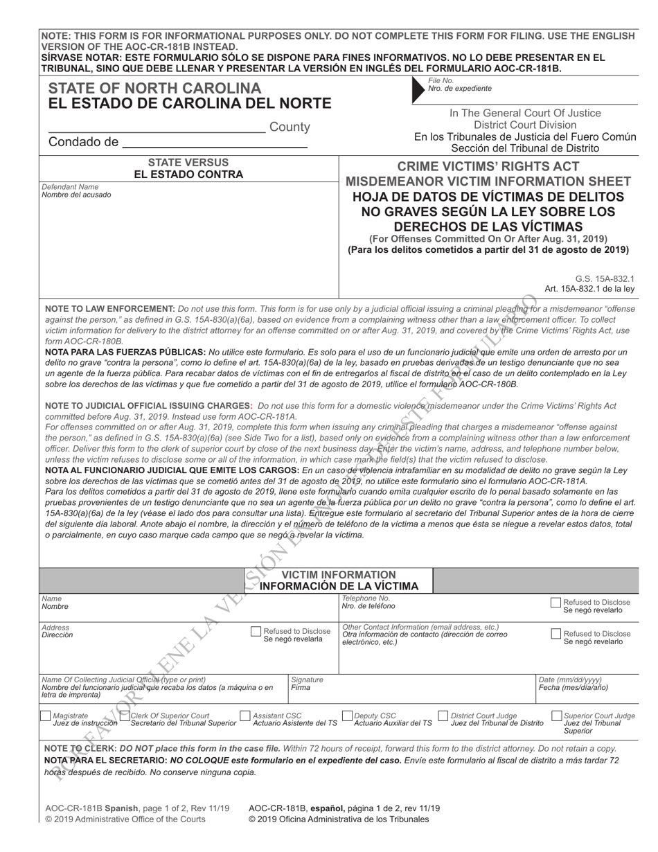 Form AOC-CR-181B Crime Victims Rights Act Misdemeanor Victim Information Sheet - North Carolina (English / Spanish), Page 1