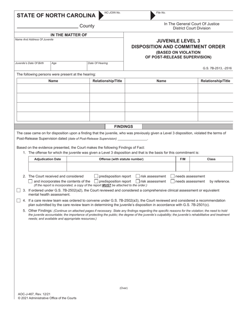 Form AOC-J-467 Juvenile Level 3 Disposition and Commitment Order (Based on Violation of Post-release Supervision) - North Carolina