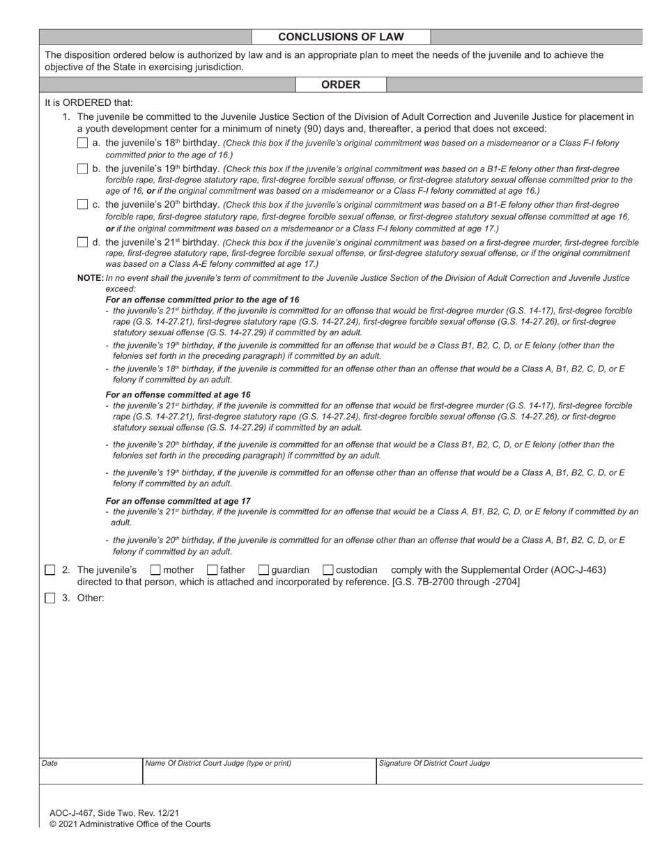 Form AOC-J-467 Juvenile Level 3 Disposition and Commitment Order (Based on Violation of Post-release Supervision) - North Carolina, Page 2