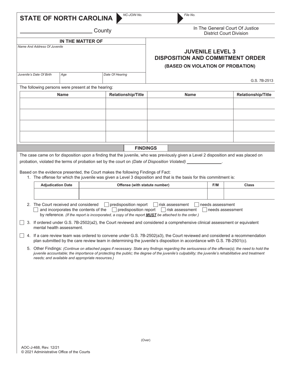 Form AOC-J-468 Juvenile Level 3 Disposition and Commitment Order (Based on Violation of Probation) - North Carolina, Page 1