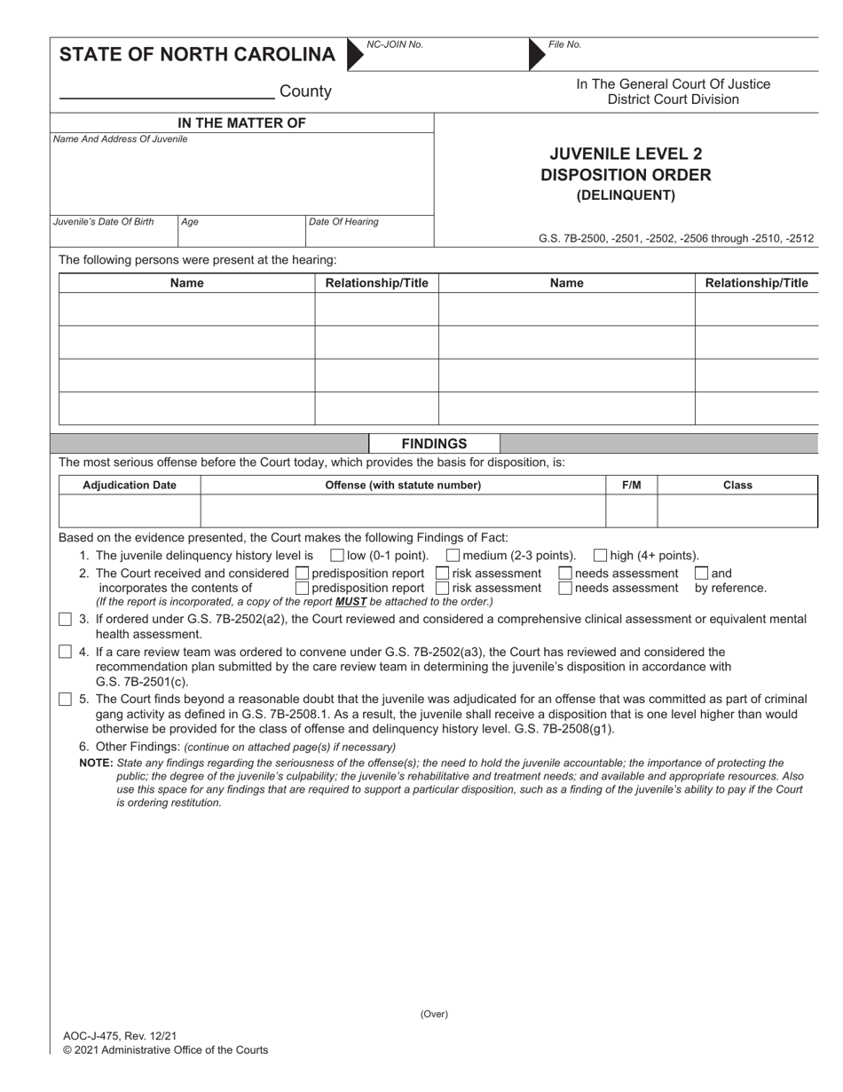 Form AOC-J-475 Juvenile Level 2 Disposition Order (Delinquent) - North Carolina, Page 1