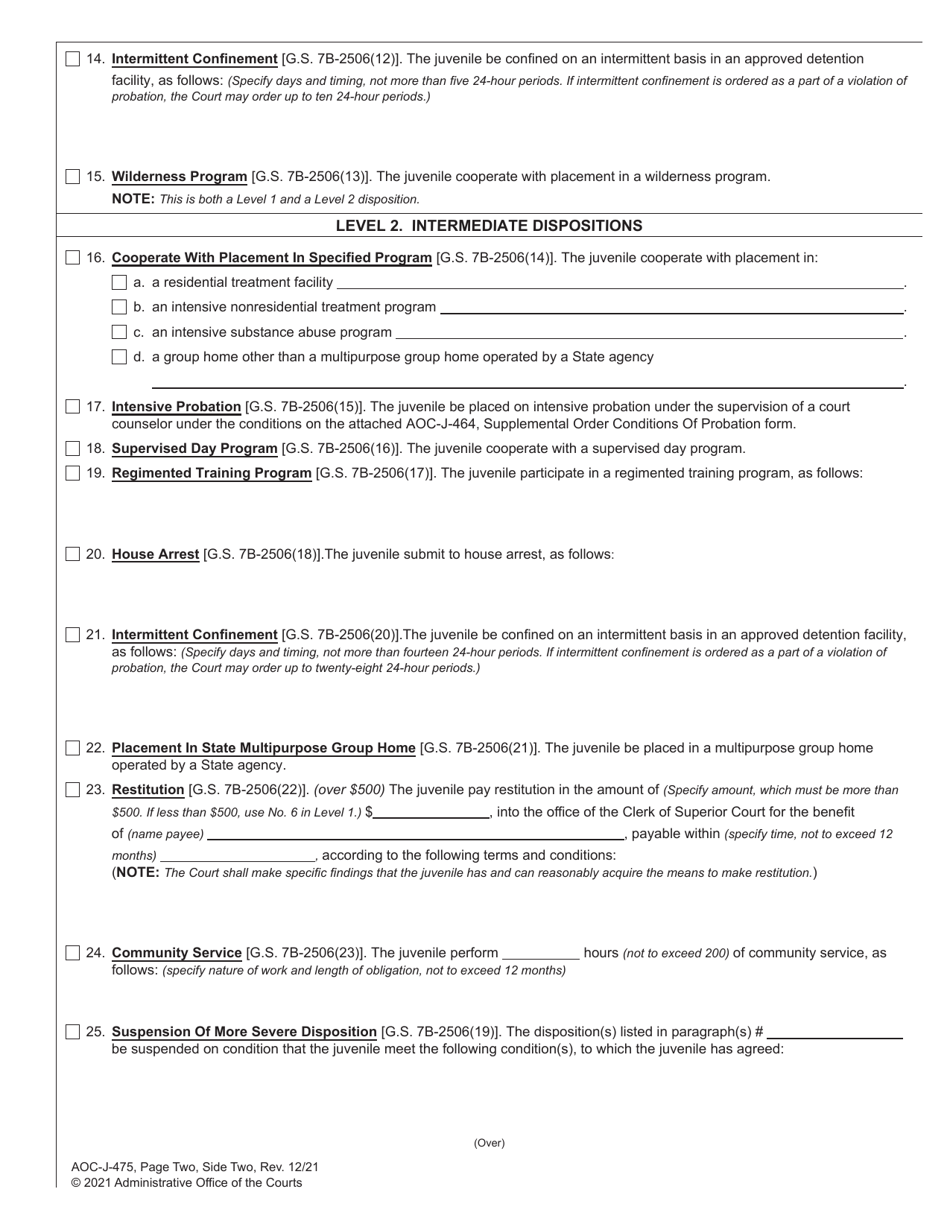 Form AOC-J-475 Juvenile Level 2 Disposition Order (Delinquent) - North Carolina, Page 4