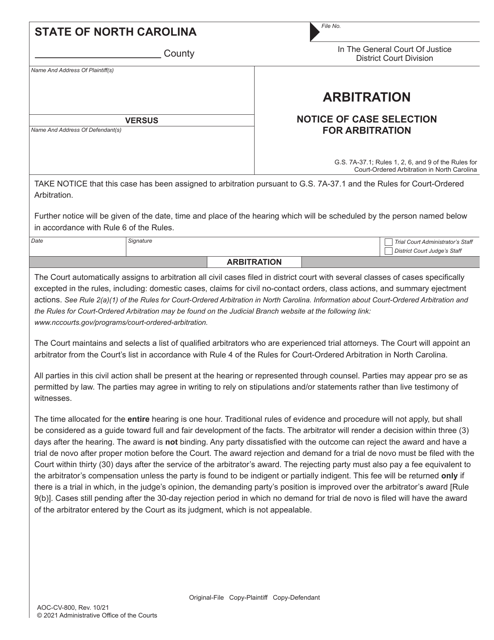 Form AOC-CV-800 Arbitration Notice of Case Selection for Arbitration - North Carolina
