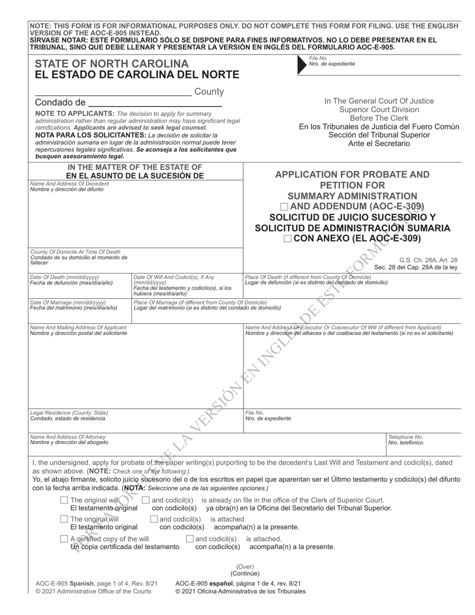 Form AOC-E-905 Application for Probate and Petition for Summary Administration - North Carolina (English / Spanish), Page 1