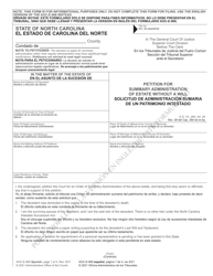 Document preview: Form AOC-E-906 Petition for Summary Administration of Estate Without a Will - North Carolina (English/Spanish)