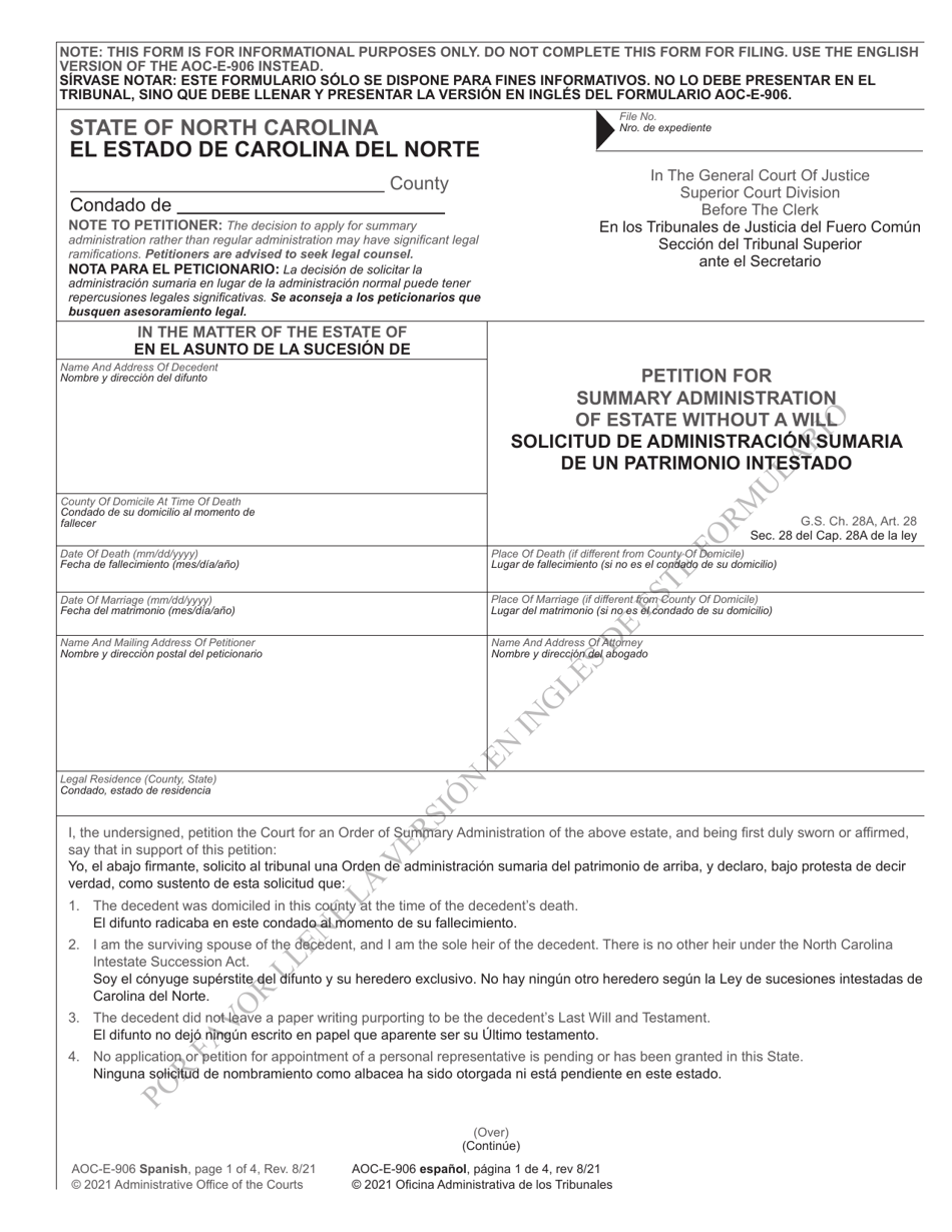 Form AOC-E-906 Petition for Summary Administration of Estate Without a Will - North Carolina (English / Spanish), Page 1