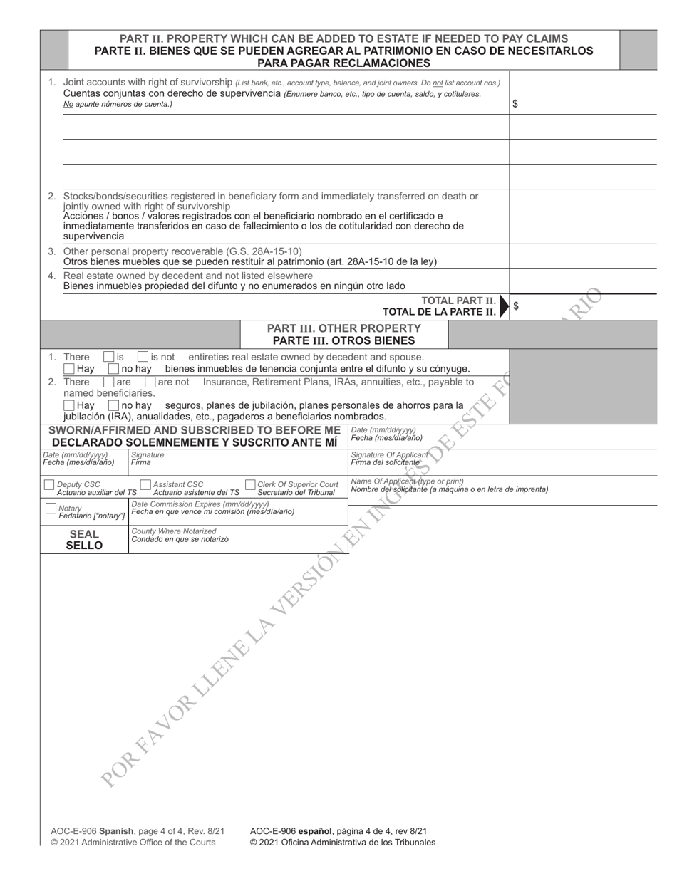 Form AOC-E-906 Petition for Summary Administration of Estate Without a Will - North Carolina (English / Spanish), Page 4