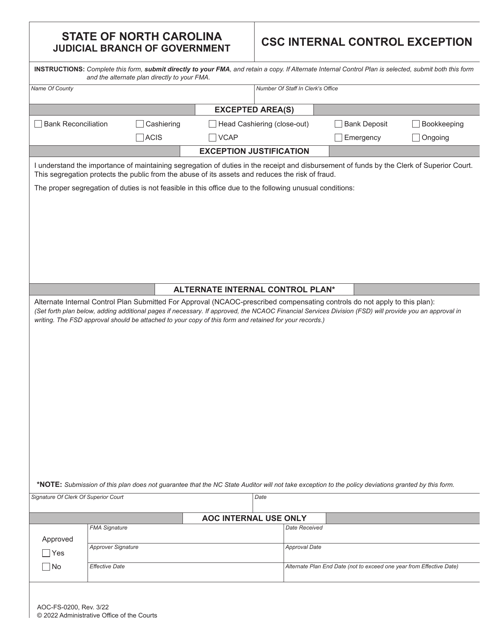Form AOC-FS-0200 Csc Internal Control Exception - North Carolina