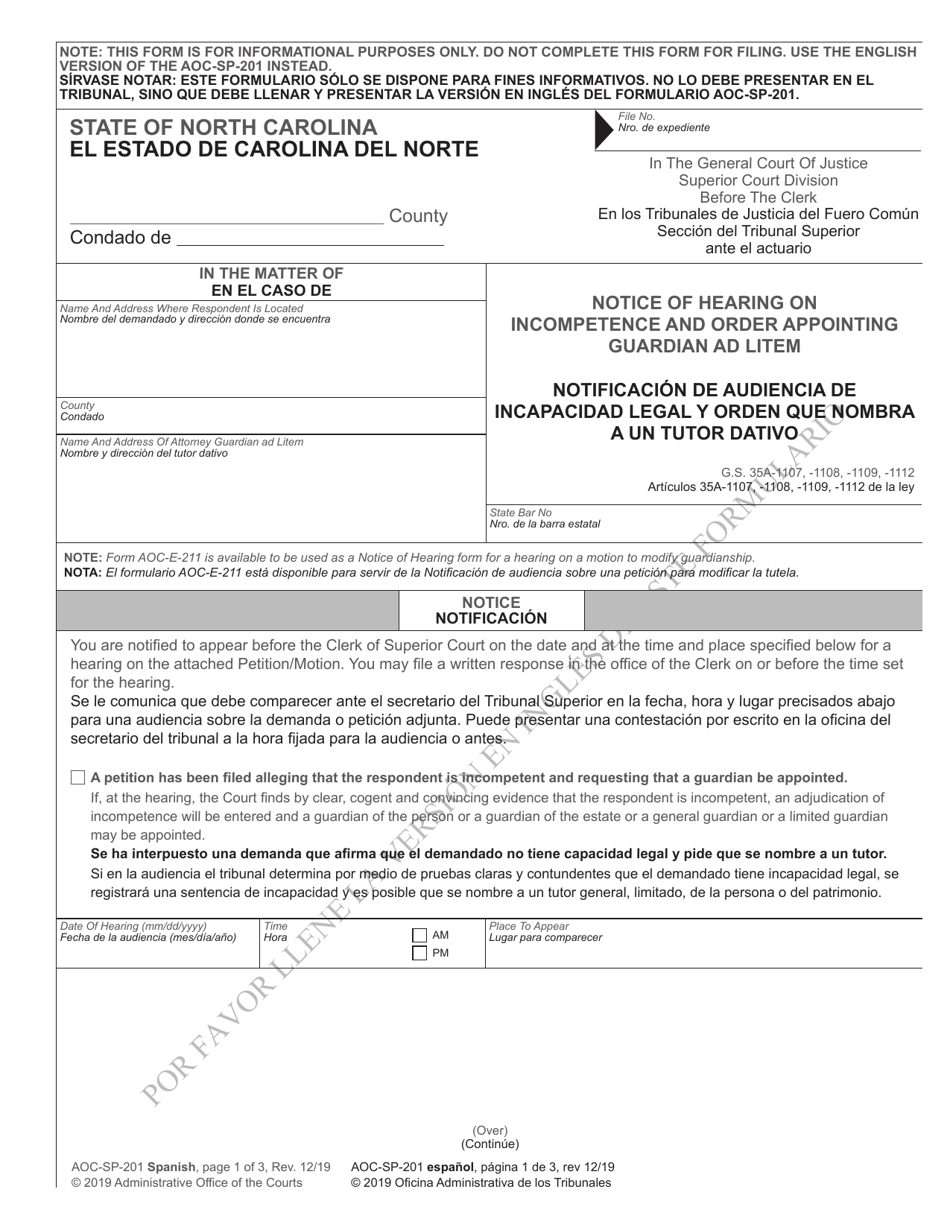 Form AOC-SP-201 Notice of Hearing on Incompetence and Order Appointing Guardian Ad Litem - North Carolina (English / Spanish), Page 1
