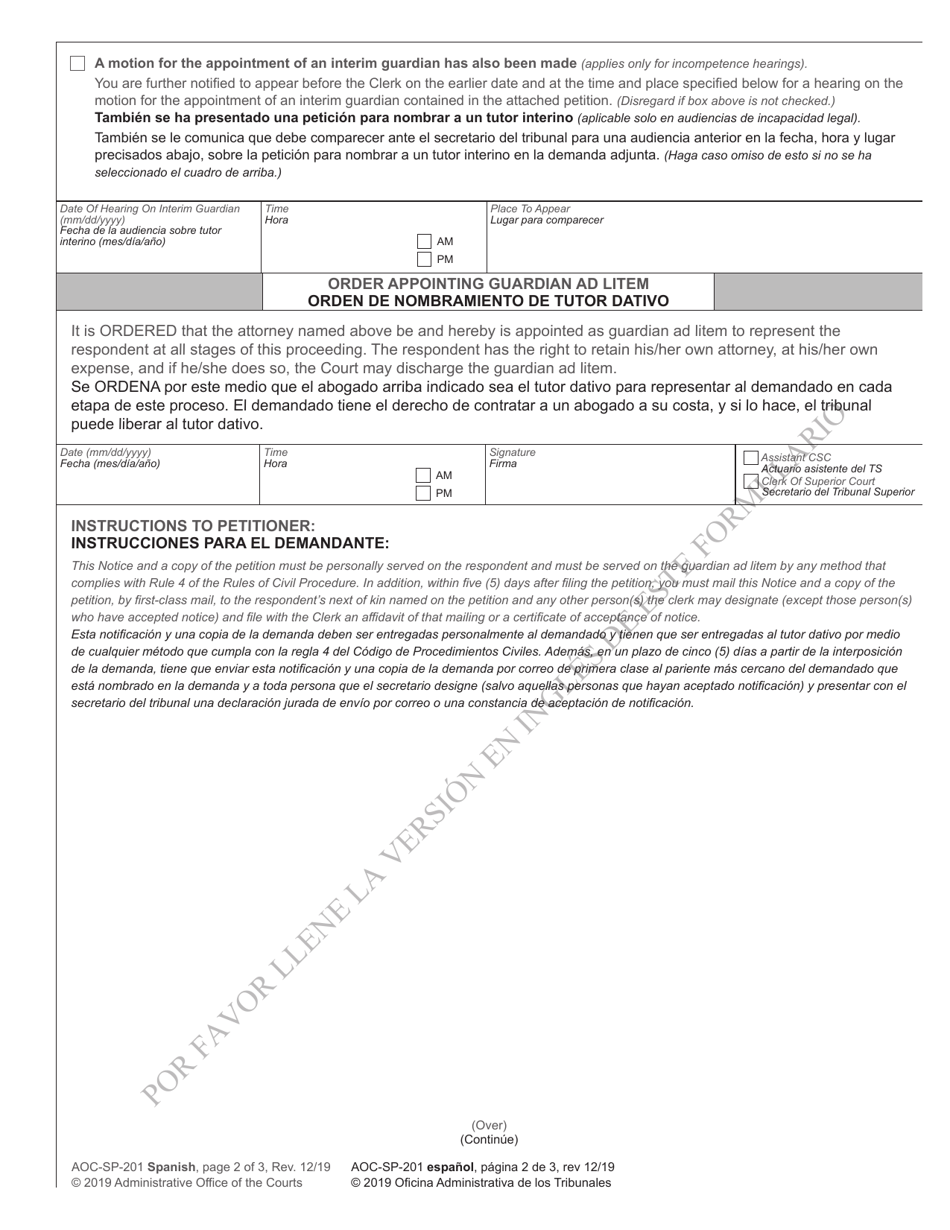 Form AOC-SP-201 Notice of Hearing on Incompetence and Order Appointing Guardian Ad Litem - North Carolina (English / Spanish), Page 2