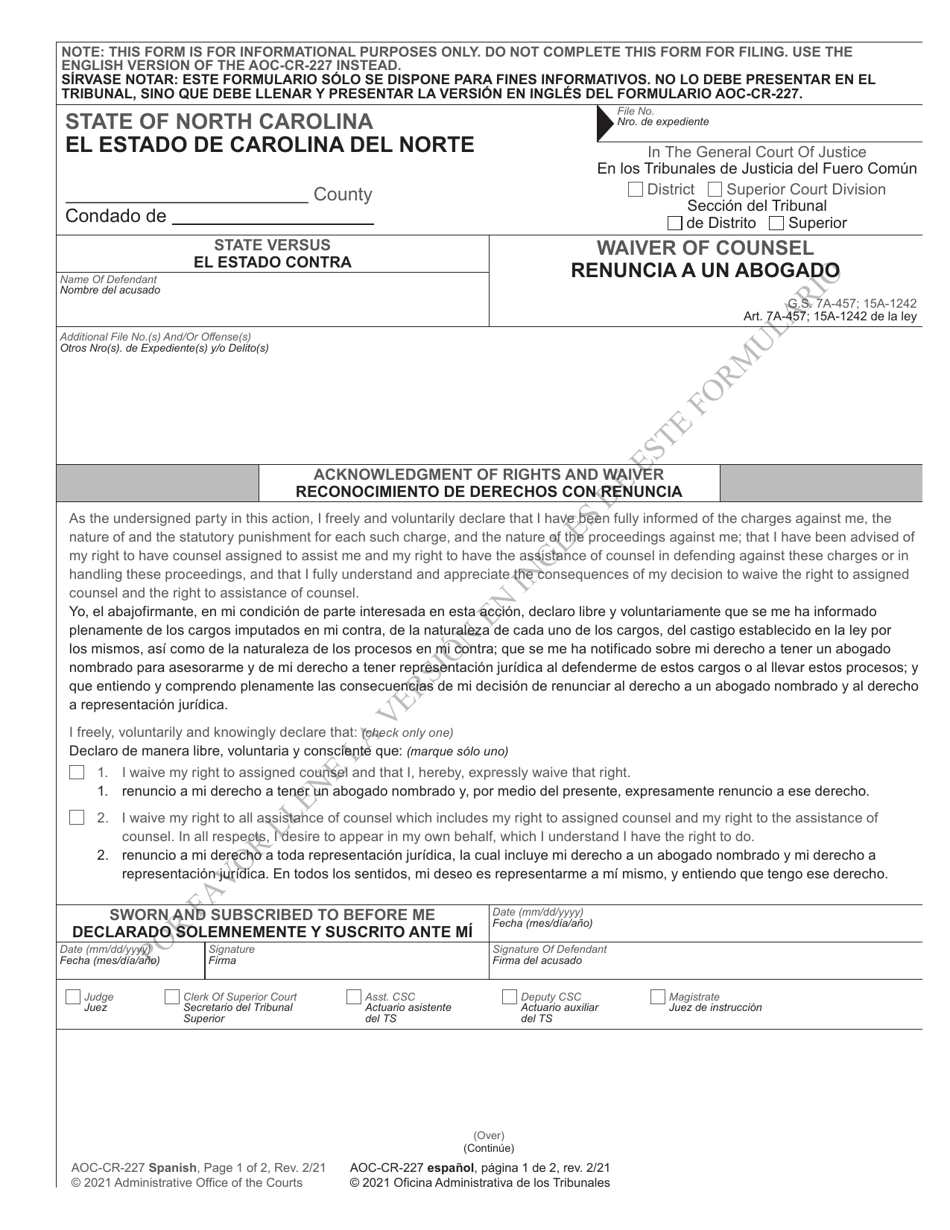 Form AOC-CR-227 Waiver of Counsel - North Carolina (English / Spanish), Page 1