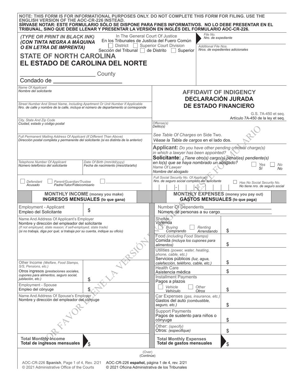 Form AOC-CR-226 Affidavit of Indigency - North Carolina (English / Spanish), Page 1