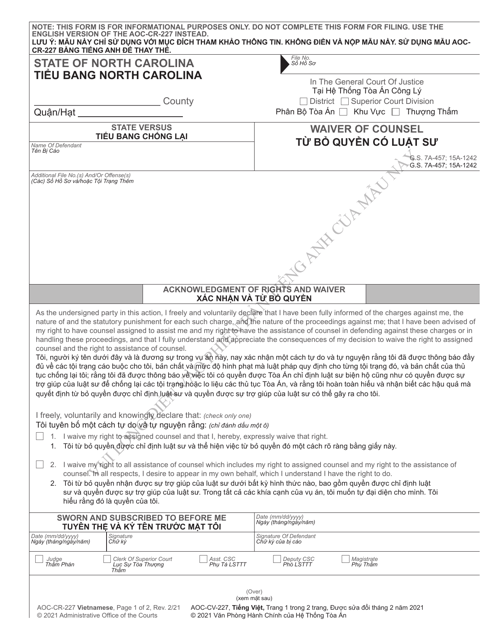 Form AOC-CR-227 Waiver of Counsel - North Carolina (English/Vietnamese)