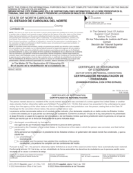 Document preview: Form AOC-CR-919 Certificate of Restoration of Citizenship (Out-of-State or Federal Conviction) - North Carolina (English/Spanish)