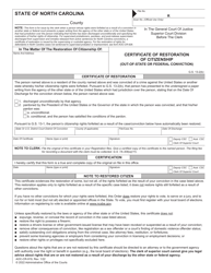 Document preview: Form AOC-CR-919 Certificate of Restoration of Citizenship (Out-of-State or Federal Conviction) - North Carolina