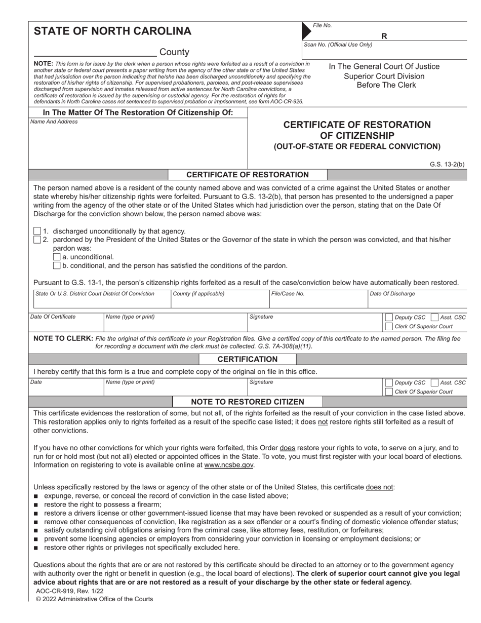 Form AOC-CR-919 Certificate of Restoration of Citizenship (Out-of-State or Federal Conviction) - North Carolina, Page 1