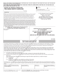 Document preview: Form AOC-CR-919 Certificate of Restoration of Citizenship (Out-of-State or Federal Conviction) - North Carolina (English/Vietnamese)