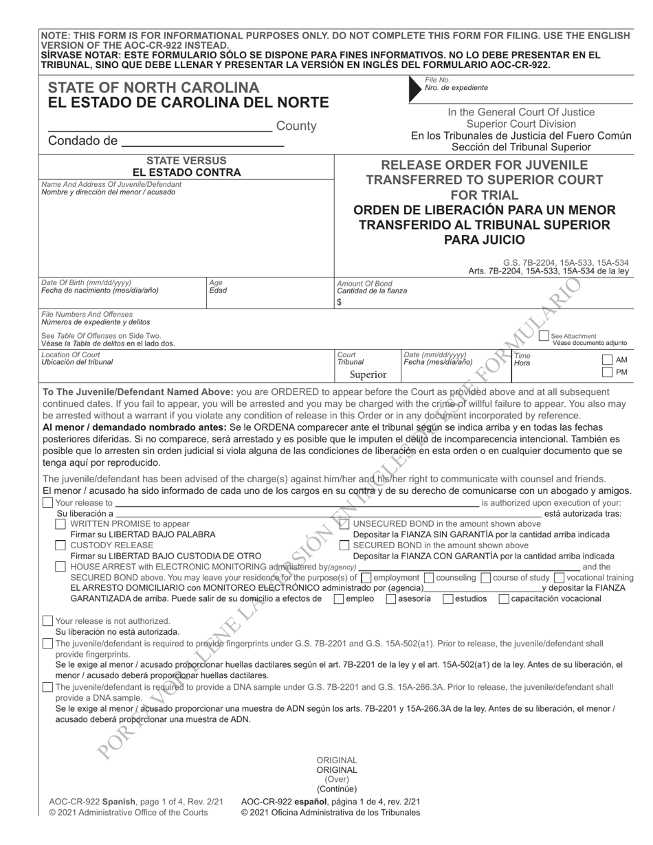 Form AOC-CR-922 Release Order for Juvenile Transferred to Superior Court for Trial - North Carolina (English / Spanish), Page 1