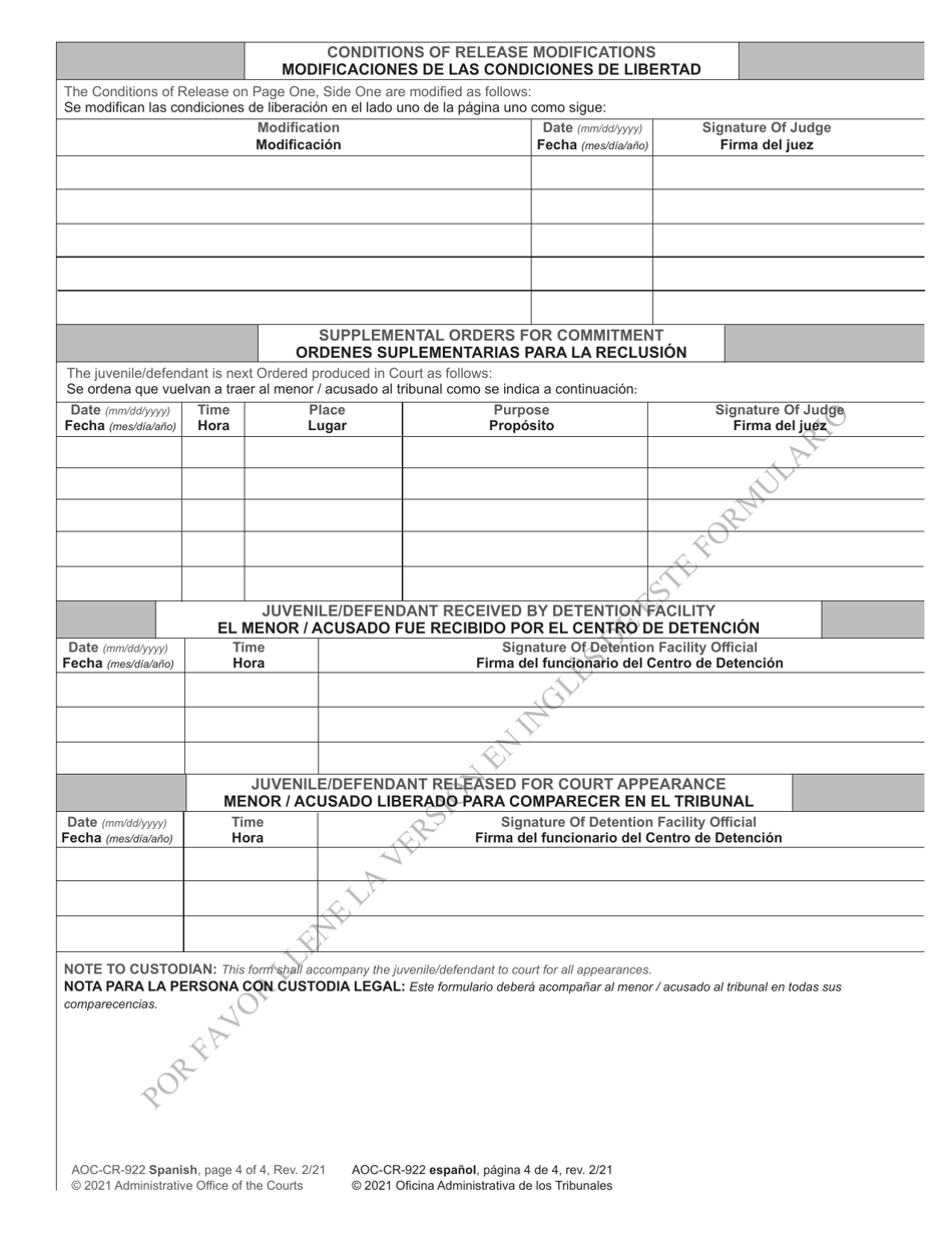 Form AOC-CR-922 Release Order for Juvenile Transferred to Superior Court for Trial - North Carolina (English / Spanish), Page 4