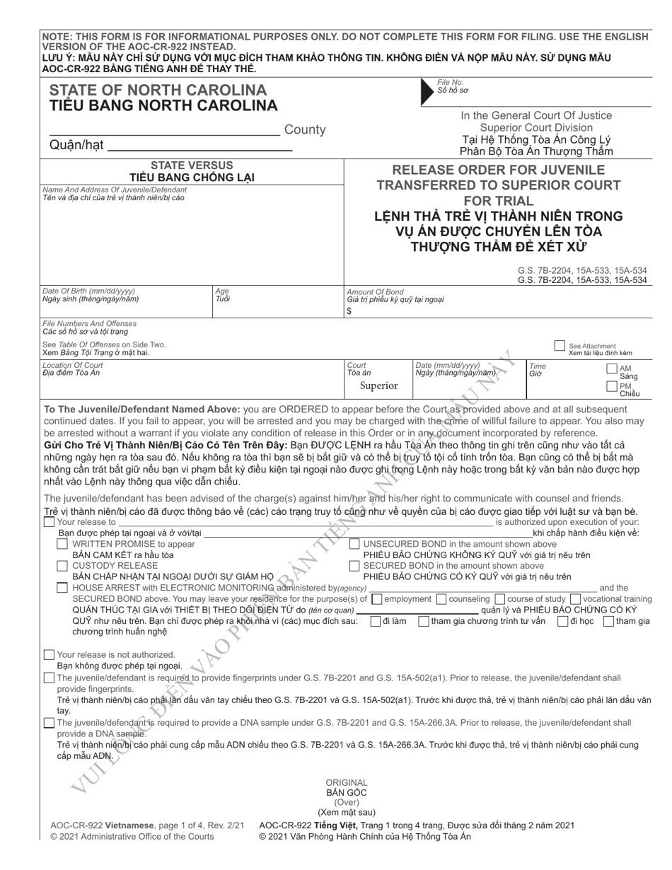 Form AOC-CR-922 Release Order for Juvenile Transferred to Superior Court for Trial - North Carolina (English / Vietnamese), Page 1
