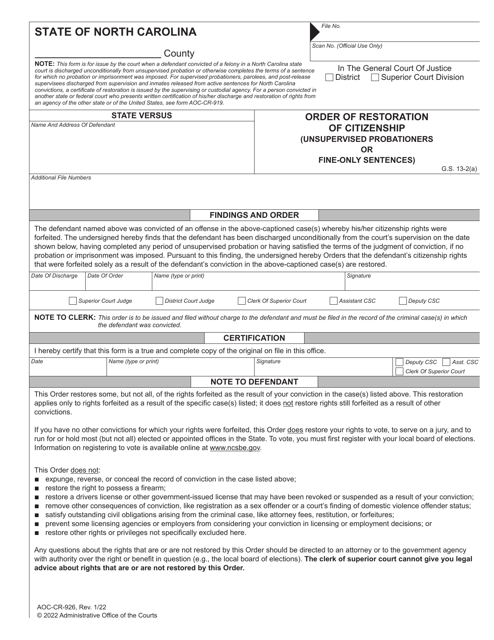 Form AOC-CR-926 Order of Restoration of Citizenship (Unsupervised Probationers or Fine-Only Sentences) - North Carolina