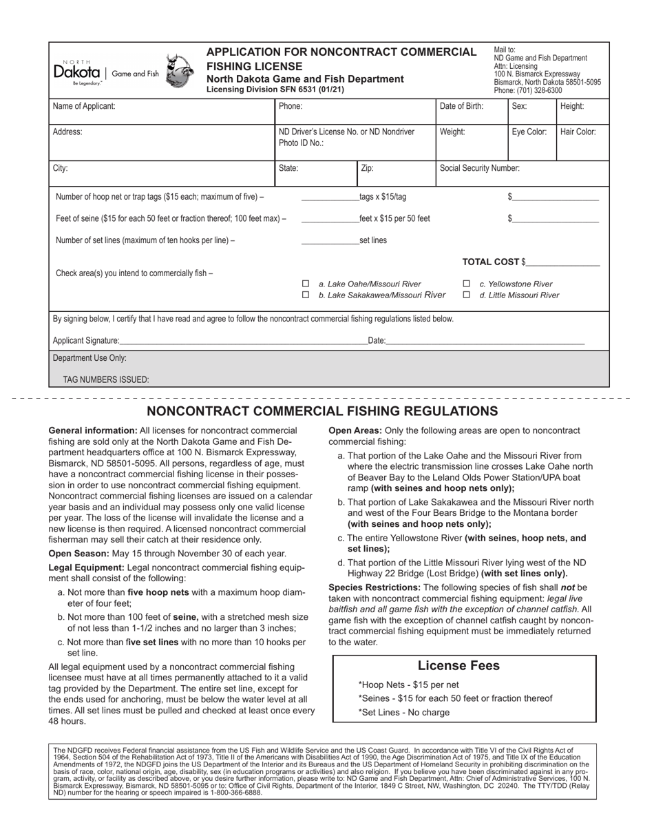 Form SFN6531 Application for Noncontract Commercial Fishing License - North Dakota, Page 1
