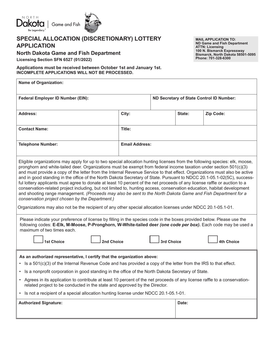 Form SFN6527 Special Allocation (Discretionary) Lottery Application - North Dakota, Page 1