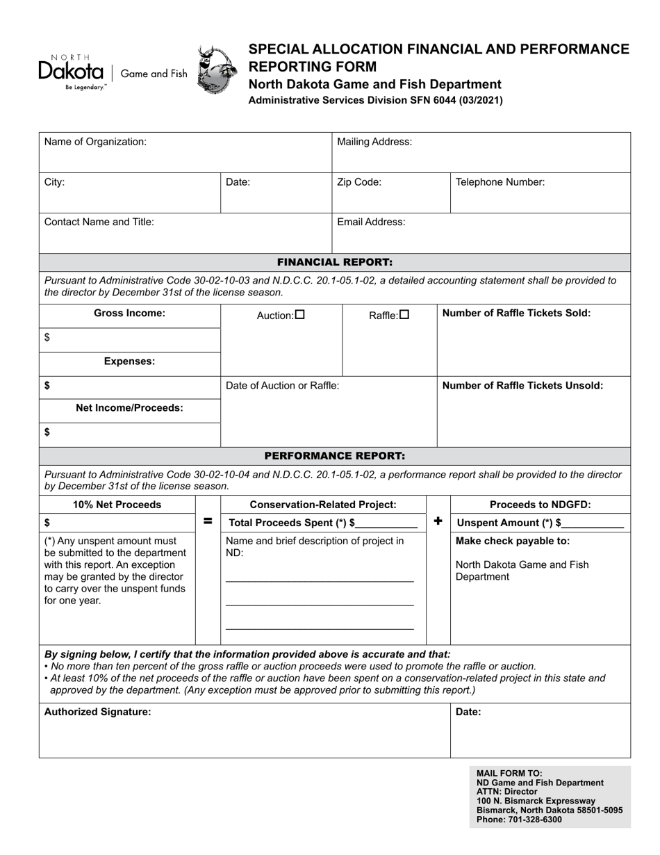 Form SFN6044 Special Allocation Financial and Performance Reporting Form - North Dakota, Page 1