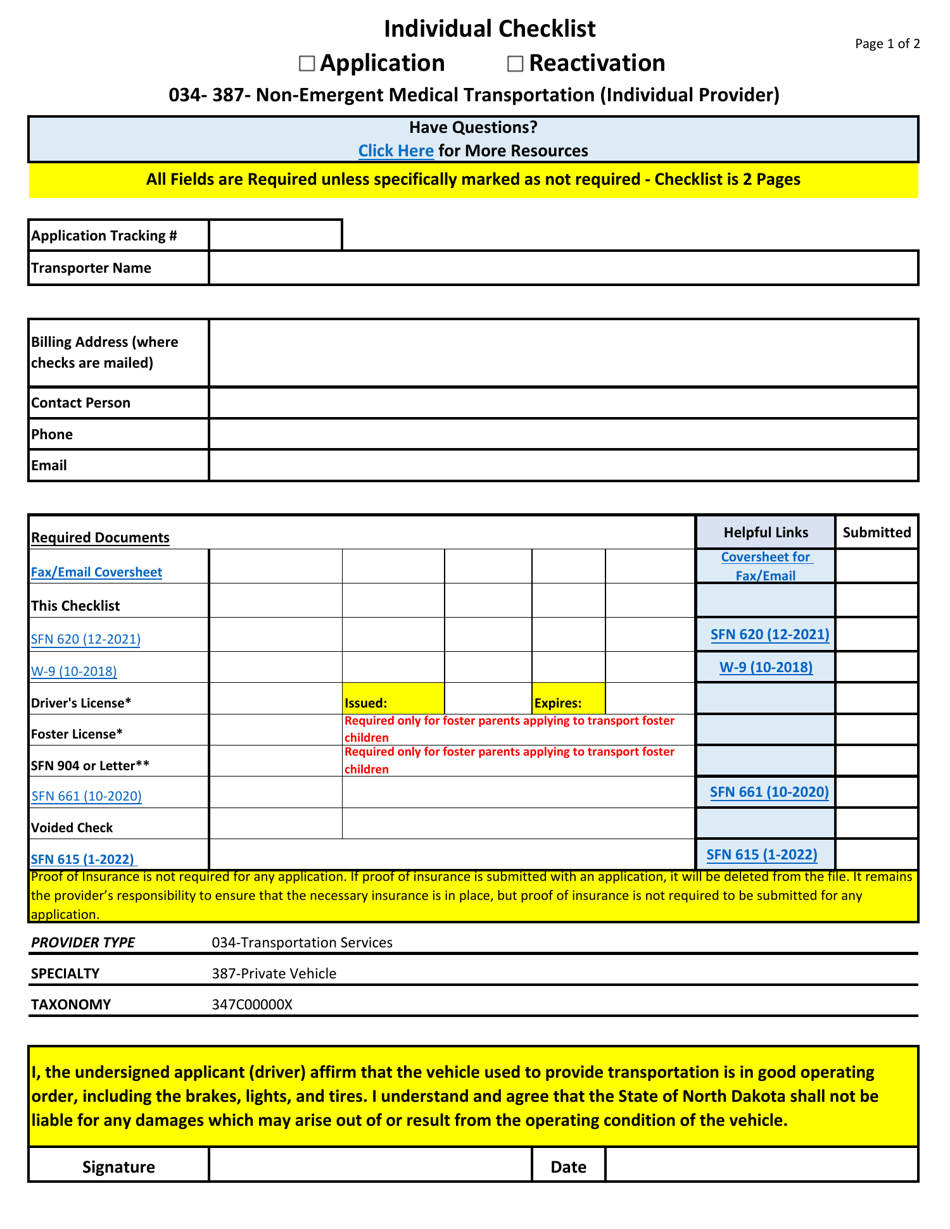 Non-emergent Medical Transportation Application Checklists - North Dakota, Page 3